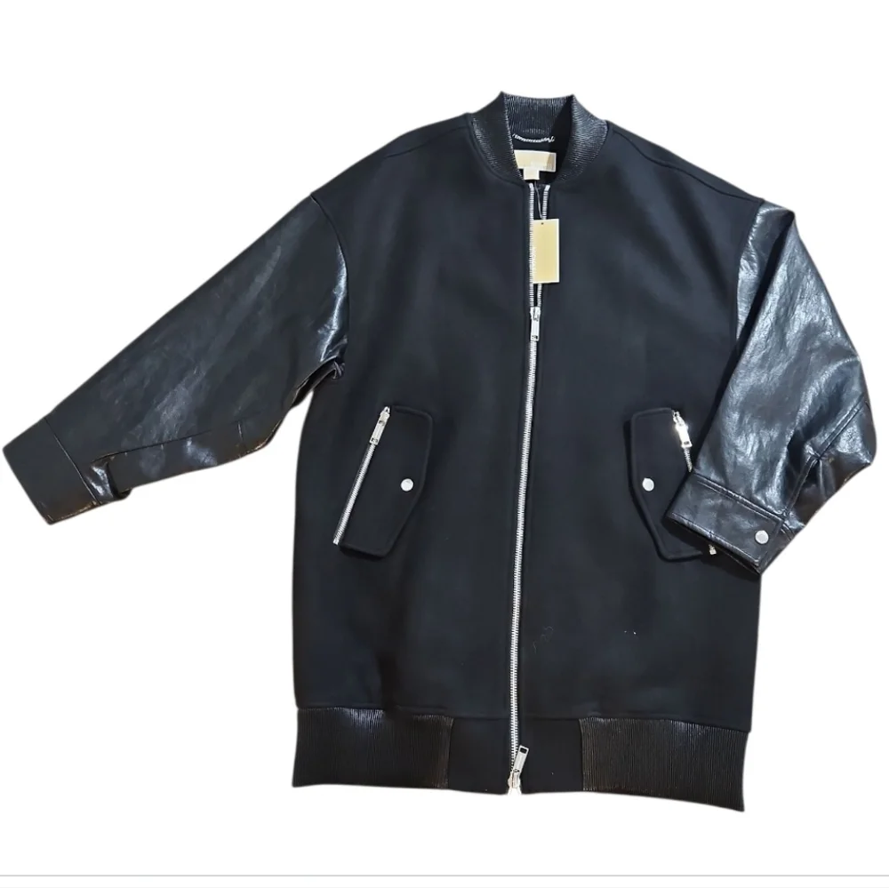 NWT Michael Kors Black Oversized Mixed Media Faux Leather Bomber Jacket S